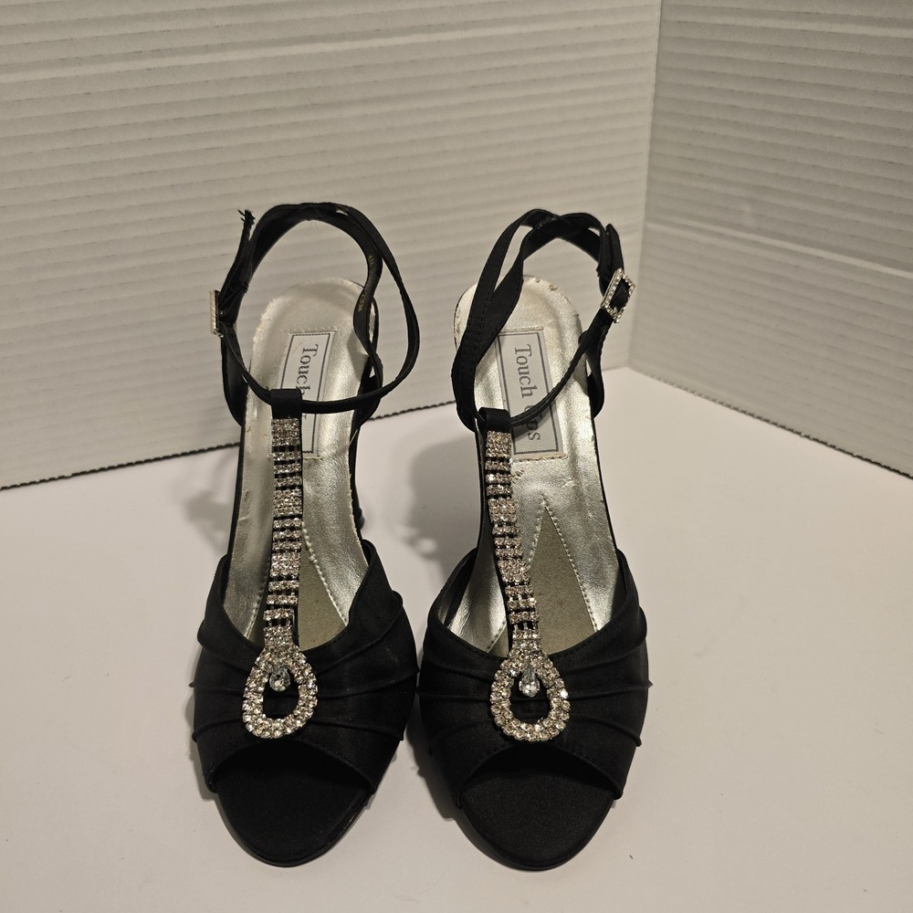 Touch Ups Womens Black Satin Rhinestone T-Strap Evening‎ Sandals Size 6M